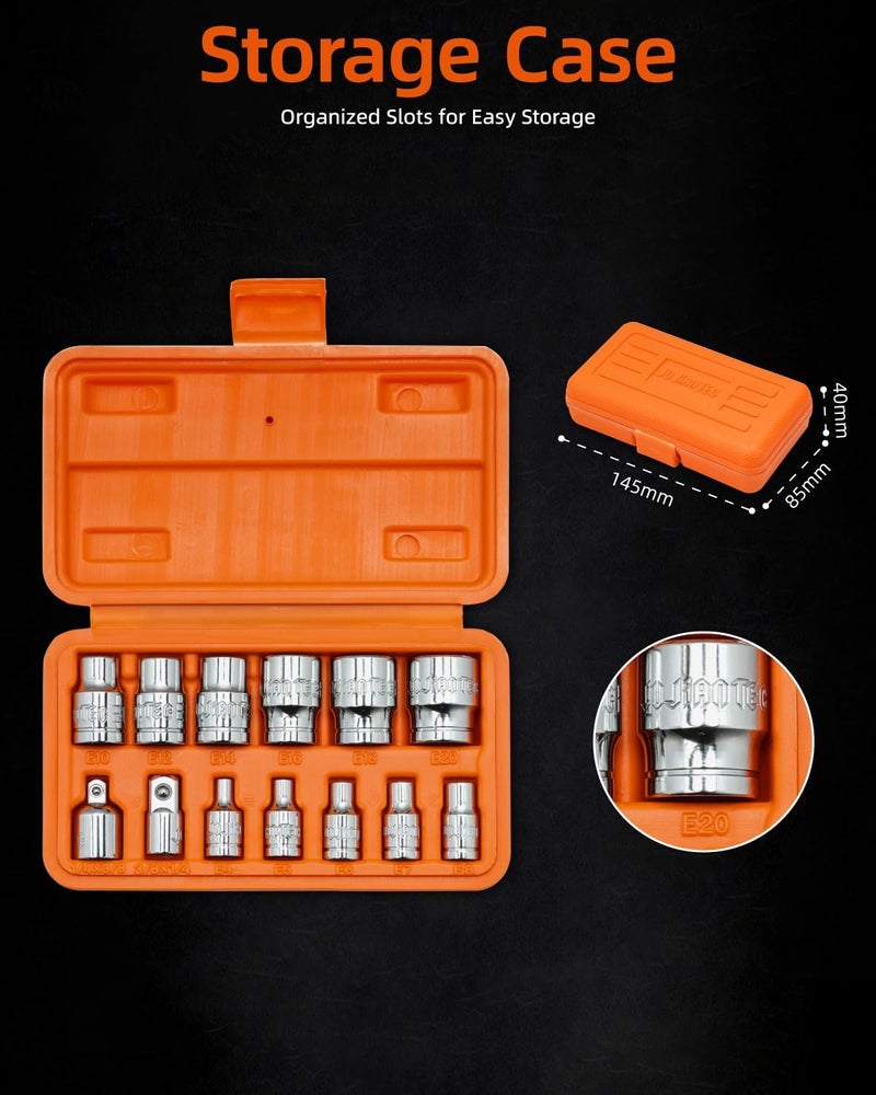 JU JIAN TEC 13-Piece E-Torx Socket Set with 6-Point Star Design - E4 to E20 Sizes, 1/4” & 3/8” Drive, Hardened CR-V Steel, Impact Wrench Compatible, Sturdy Molded Case - Image 5